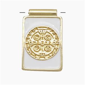 Copper Religious Medal Pendant CSPB Rectangle White Enamel Gold Plated, approx 14-22mm