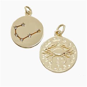 Copper Circle Pendant Pave Zirconia Zodiac Cancer Gold Plated, approx 15mm