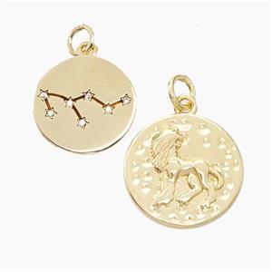Copper Circle Pendant Pave Zirconia Zodiac Leo Gold Plated, approx 15mm