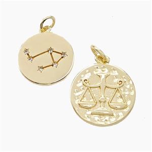 Copper Circle Pendant Pave Zirconia Zodiac Libra Gold Plated, approx 15mm