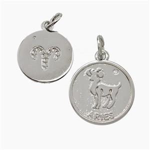 Zodiac Aries Copper Circle Pendant Pave Zirconia Platinum Plated, approx 16mm