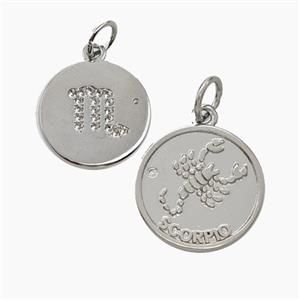Zodiac Scorpio Copper Circle Pendant Pave Zirconia Platinum Plated, approx 16mm