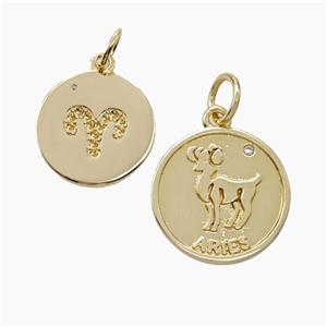 Zodiac Aries Copper Circle Pendant Pave Zirconia Gold Plated, approx 16mm