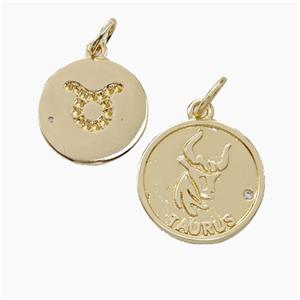 Zodiac Taurus Copper Circle Pendant Pave Zirconia Gold Plated, approx 16mm