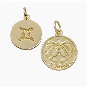 Zodiac Gemini Copper Circle Pendant Pave Zirconia Gold Plated, approx 16mm