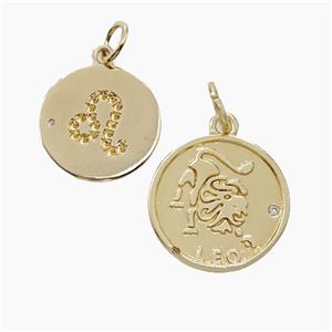 Zodiac Leo Copper Circle Pendant Pave Zirconia Gold Plated, approx 16mm