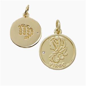 Zodiac Virgo Copper Circle Pendant Pave Zirconia Gold Plated, approx 16mm