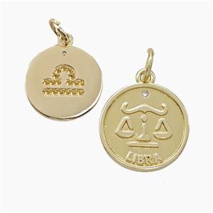 Zodiac Libra Copper Circle Pendant Pave Zirconia Gold Plated, approx 16mm