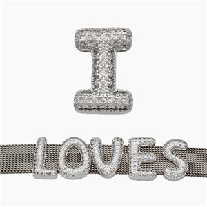 Copper Watchband Beads Pave Zirconia Letter-I Flat Hole Platinum Plated, approx 10-14mm, 2-10mm hole