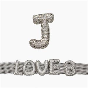 Copper Watchband Beads Pave Zirconia Letter-J Flat Hole Platinum Plated, approx 10-14mm, 2-10mm hole