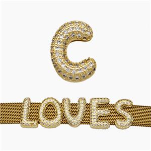 Copper Watchband Beads Pave Zirconia Letter-C Flat Hole Gold Plated, approx 10-14mm, 2-10mm hole