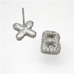 Copper Stud Earrings Pave Zirconia Letter-B Platinum Plated, approx 8-10mm