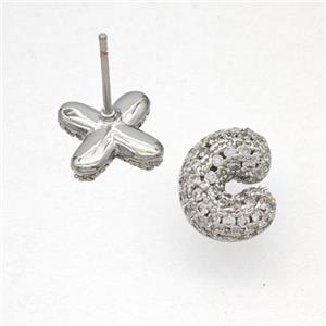 Copper Stud Earrings Pave Zirconia Letter-C Platinum Plated, approx 8-10mm