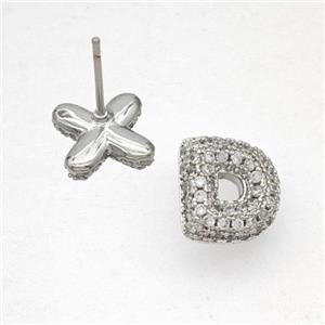 Copper Stud Earrings Pave Zirconia Letter-D Platinum Plated, approx 8-10mm
