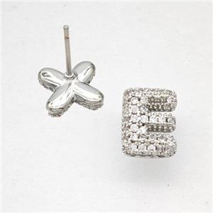 Copper Stud Earrings Pave Zirconia Letter-E Platinum Plated, approx 8-10mm