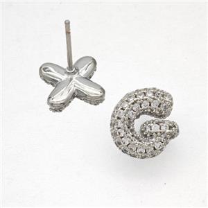 Copper Stud Earrings Pave Zirconia Letter-G Platinum Plated, approx 8-10mm