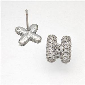 Copper Stud Earrings Pave Zirconia Letter-H Platinum Plated, approx 8-10mm