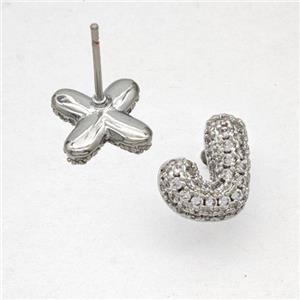 Copper Stud Earrings Pave Zirconia Letter-J Platinum Plated, approx 8-10mm