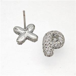 Copper Stud Earrings Pave Zirconia Letter-P Platinum Plated, approx 8-10mm