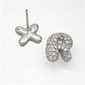 Copper Stud Earrings Pave Zirconia Letter-R Platinum Plated, approx 8-10mm