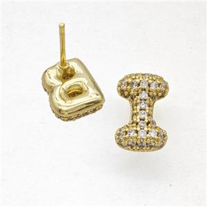 Copper Stud Earrings Pave Zirconia Letter-I Gold Plated, approx 8-10mm