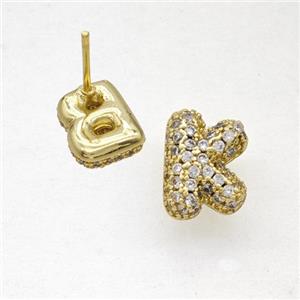 Copper Stud Earrings Pave Zirconia Letter-K Gold Plated, approx 8-10mm
