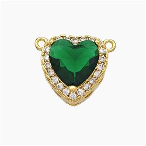 Copper Heart Pendant Micropave Zirconia Green Crystal Glass 2loops Gold Plated, approx 14mm