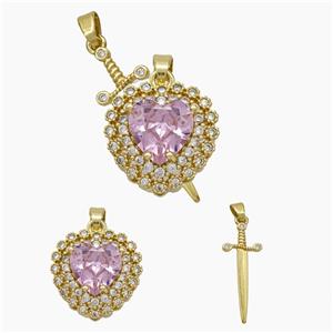 Copper Sword Heart Pendant Pave Zirconia Pink Crystal Glass Gold Plated, approx 14mm, 10-28mm