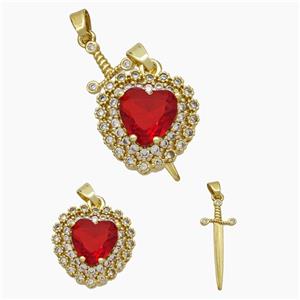 Copper Sword Heart Pendant Pave Zirconia Red Crystal Glass Gold Plated, approx 14mm, 10-28mm