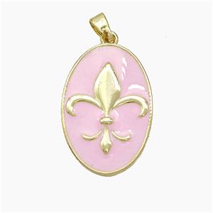 Copper Oval Pendant Fleur De Lis Pink Enamel Gold Plated, approx 16-24mm