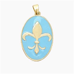 Copper Oval Pendant Fleur De Lis Blue Enamel Gold Plated, approx 16-24mm