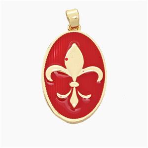 Copper Oval Pendant Fleur De Lis Red Enamel Gold Plated, approx 16-24mm