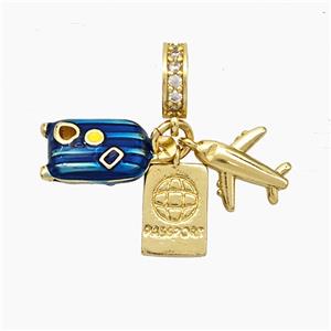 Copper Airplane Travel Box Passport Pendant Painted Gold Plated, approx 7-12mm, 8mm dia