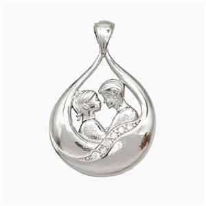 Copper Couple Pendant Pave Zirconia Platinum Plated, approx 18-27mm