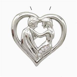 Copper Couple Pendant Pave Zirconia Heart Platinum Plated, approx 20-22mm