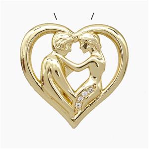 Copper Couple Pendant Pave Zirconia Heart Gold Plated, approx 20-22mm