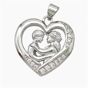 Copper Couple Pendant Pave Zirconia Heart Platinum Plated, approx 22mm