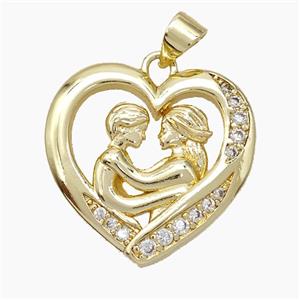 Copper Couple Pendant Pave Zirconia Heart Gold Plated, approx 22mm