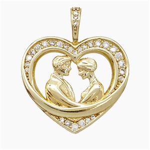 Copper Couple Pendant Pave Zirconia Heart Gold Plated, approx 22mm