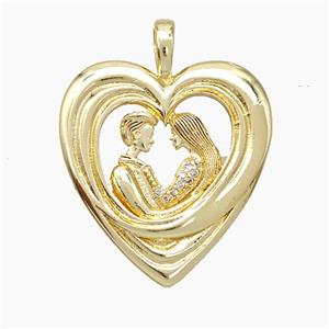Copper Couple Pendant Pave Zirconia Heart Gold Plated, approx 26-28mm