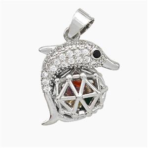 Copper Dolphin Pendant Pave Zirconia Hollow Platinum Plated, approx 18-20mm
