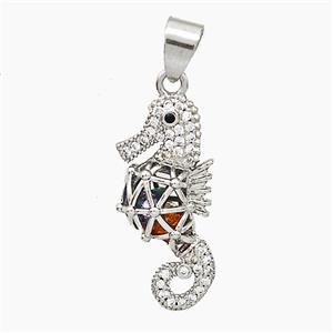 Copper Seahorse Pendant Pave Zirconia Hollow Platinum Plated, approx 10-23mm
