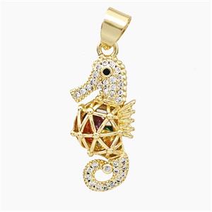 Copper Seahorse Pendant Pave Zirconia Hollow Gold Plated, approx 10-23mm