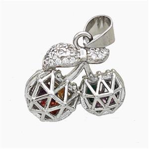 Copper Cherry Pendant Pave Zirconia Hollow Platinum Plated, approx 15-20mm