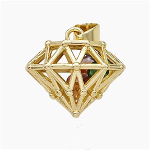 Copper Diamond Pendant Pave Zirconia Hollow Gold Plated, approx 12-15-18mm