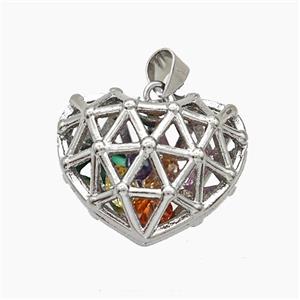 Copper Heart Pendant With Zirconia Hollow Platinum Plated, approx 12-15-18mm