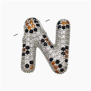 Copper Letter-N Pendant Micropave Zirconia Platinum Plated, approx 16-23mm, 3-5mm hole
