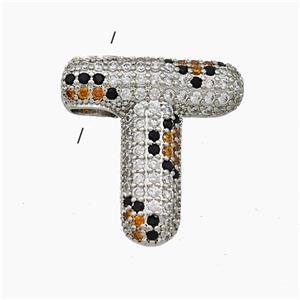 Copper Letter-T Pendant Micropave Zirconia Platinum Plated, approx 16-23mm, 3-5mm hole