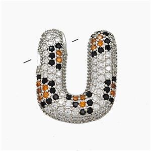 Copper Letter-U Pendant Micropave Zirconia Platinum Plated, approx 16-23mm, 3-5mm hole