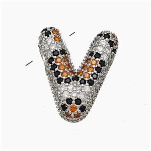 Copper Letter-V Pendant Micropave Zirconia Platinum Plated, approx 16-23mm, 3-5mm hole